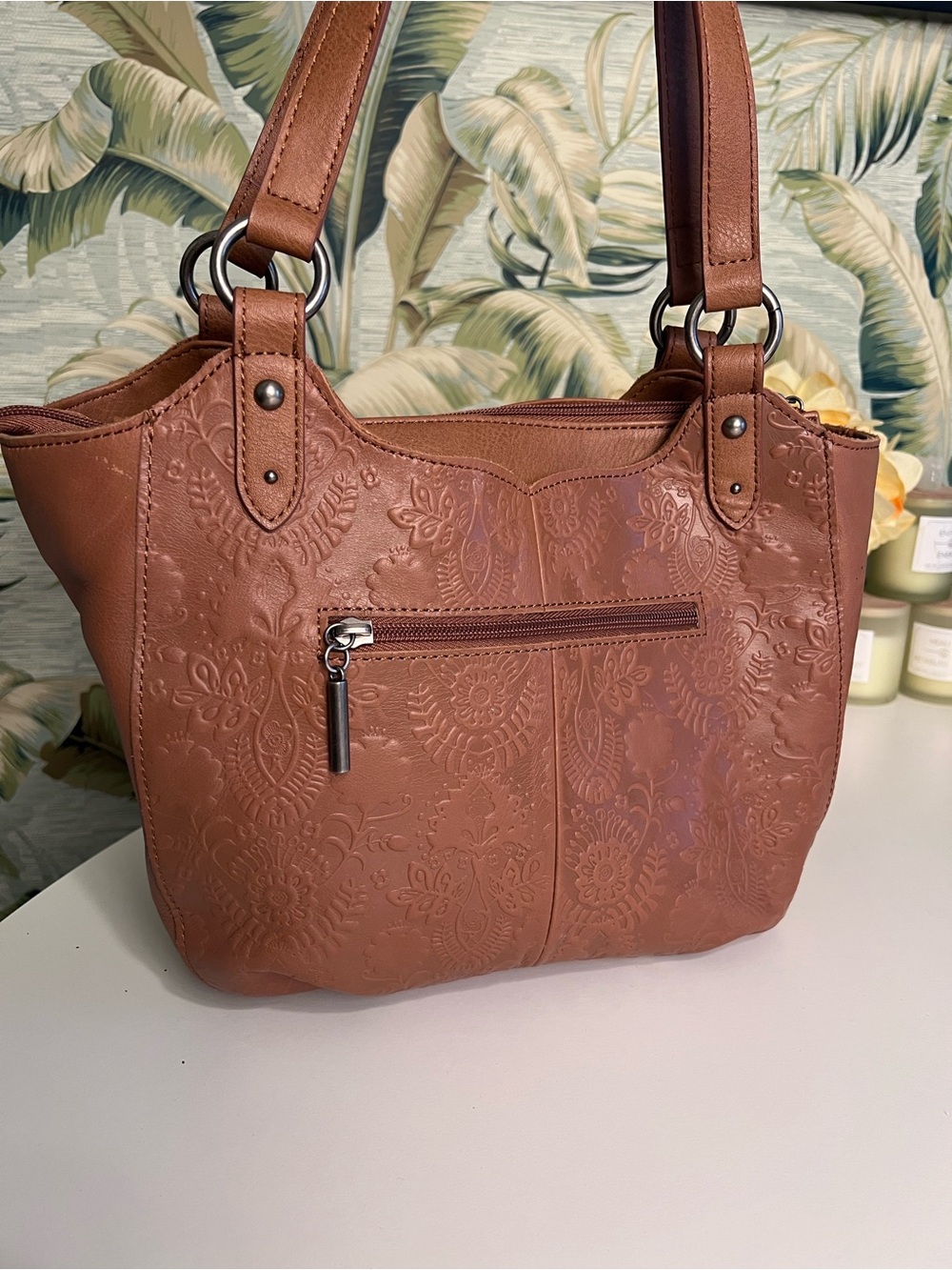 The Sak Embossed Floral Shoulder Tote in Brown